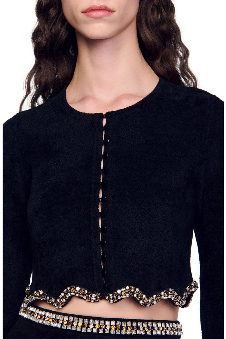 Short rhinestone velvet knit cardie, Alternate, color, Black