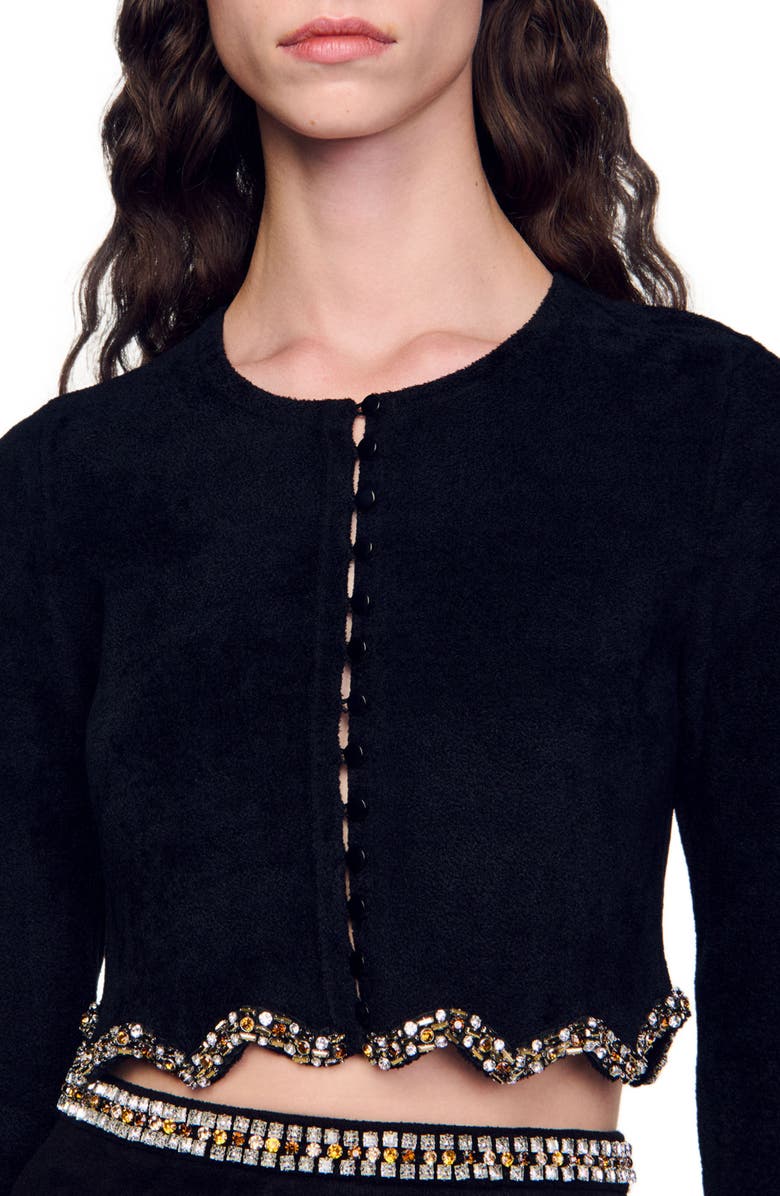 SANDRO Short rhinestone velvet knit cardie, Alternate, color, 