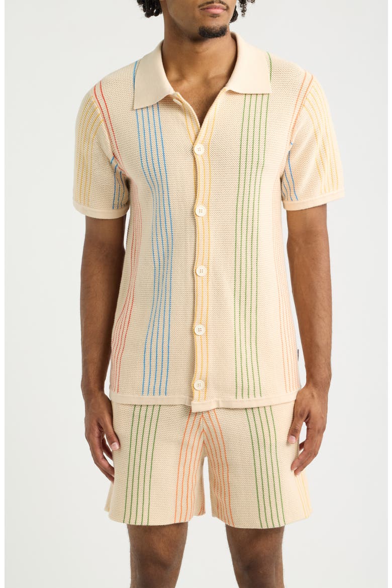 Sliced Knit Short Sleeve Button-Up Shirt, Main, color, BEIGE