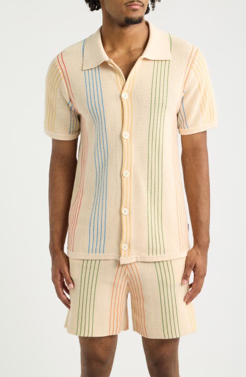 Sliced Knit Short Sleeve Button-Up Shirt