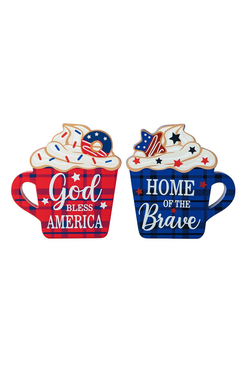 Glitzhome Set of 2 Patriotic Americana Wooden Coffee Cup Table Decor, Main, color, 