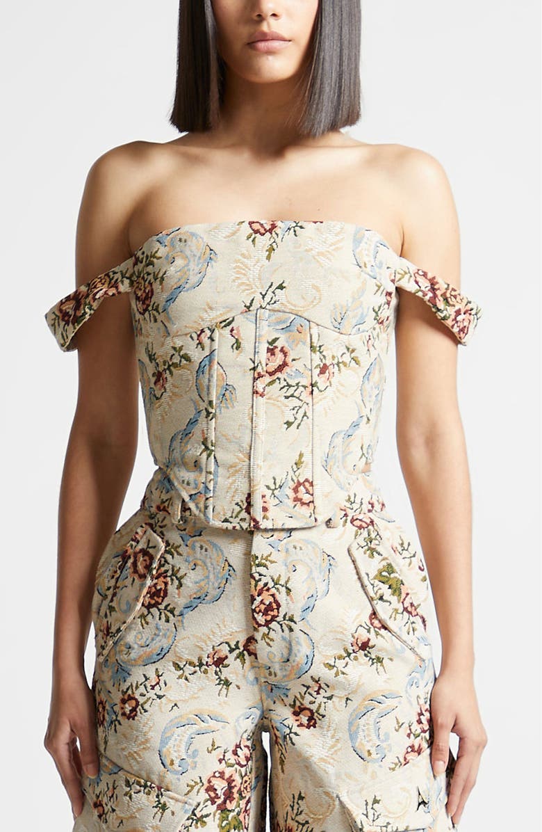 Manière De Voir Bonnie Floral Jacquard Bardot Corset Top, Main, color, Beige