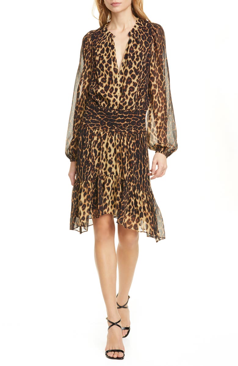 A.L.C. Sidney Leopard Print Long Sleeve Silk Dress, Main, color,