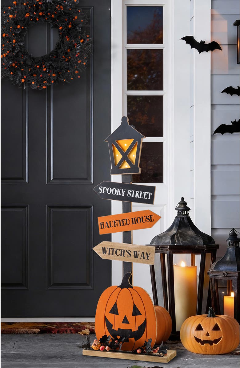 Glitzhom Halloween Lighted Wooden Jack-O-Lantern Lamp Post Porch Decor with Timer, Alternate, color, Black