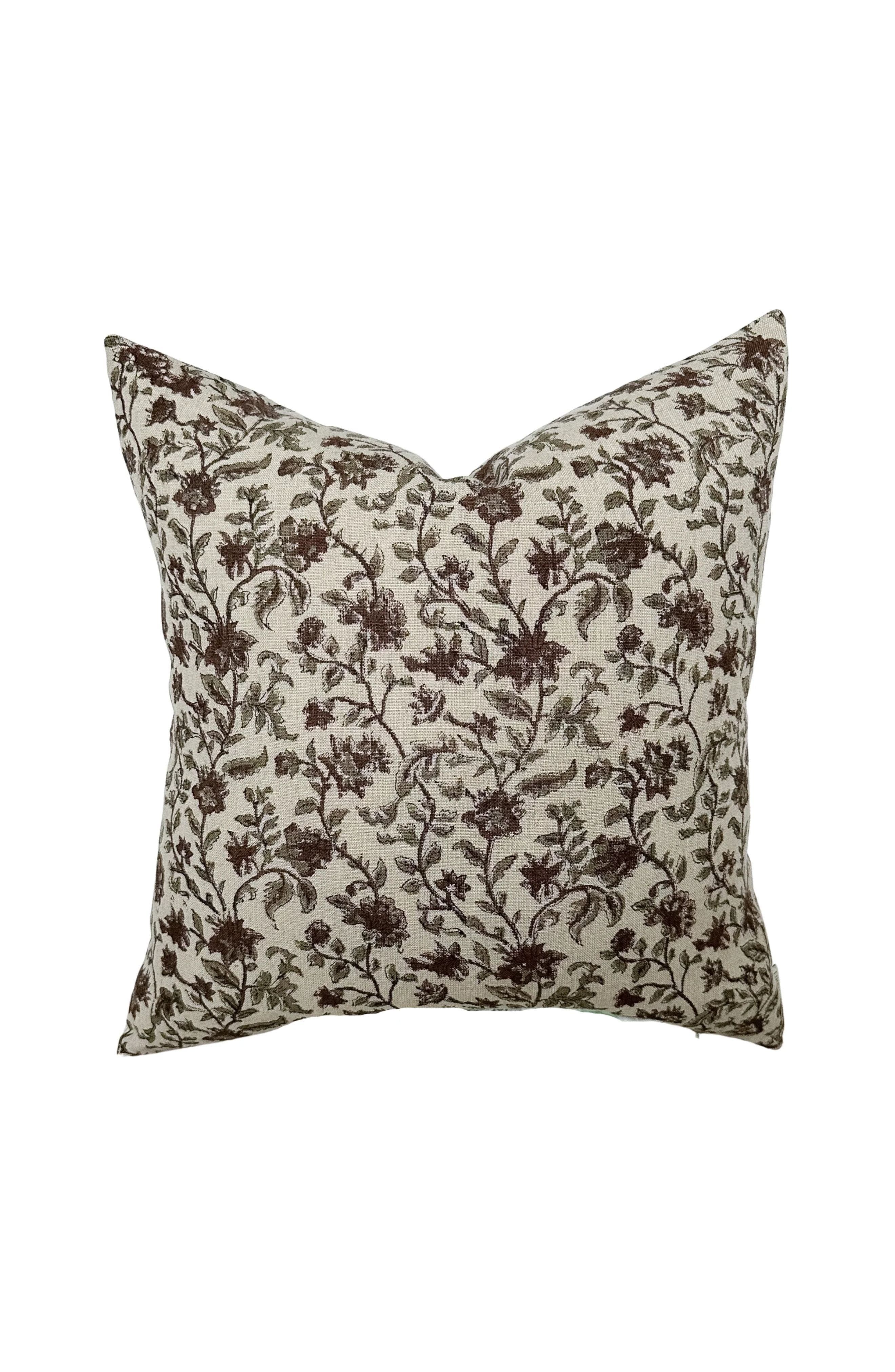 Linen & James Bridgitt Deep Rose & Sage Floral Pillow Cover in Tan 