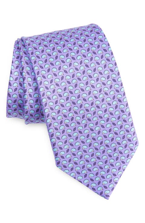 Hedgehog & Leaf Print Silk Tie