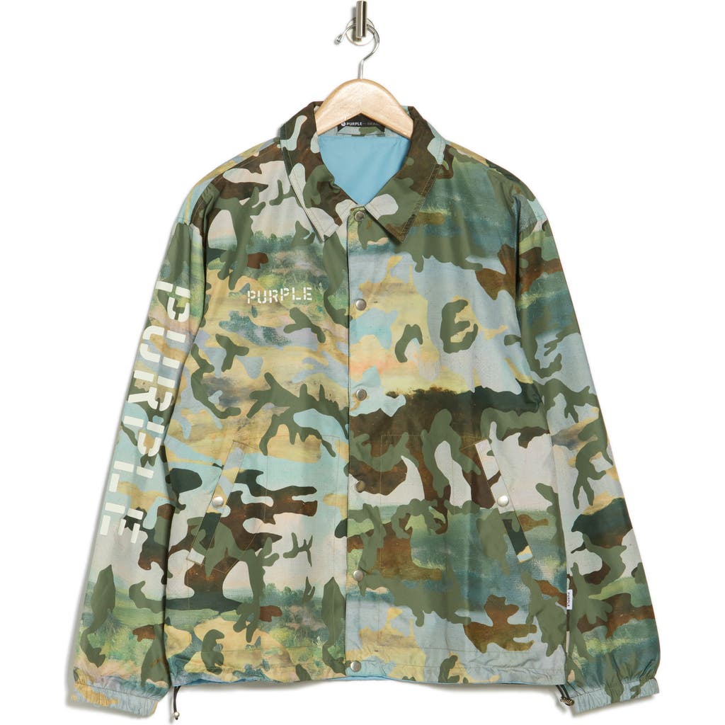 Purple Brand Camo Print Reversible Snap Front Coat In Camo