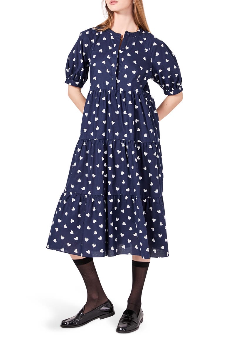 Heart Print Short Sleeve Tiered Cotton Midi Dress, Main, color, NAVY/ WHITE