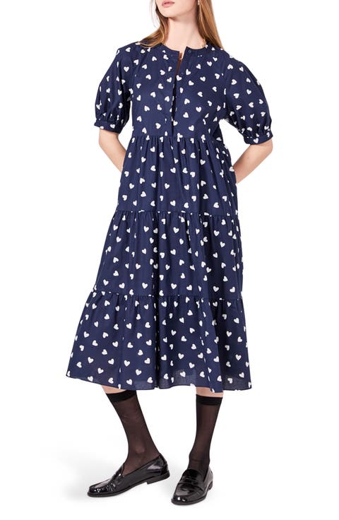 Heart Print Short Sleeve Tiered Cotton Midi Dress