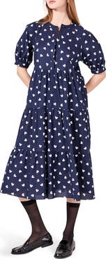 English Factory Heart Print Short Sleeve Tiered Cotton Midi Dress