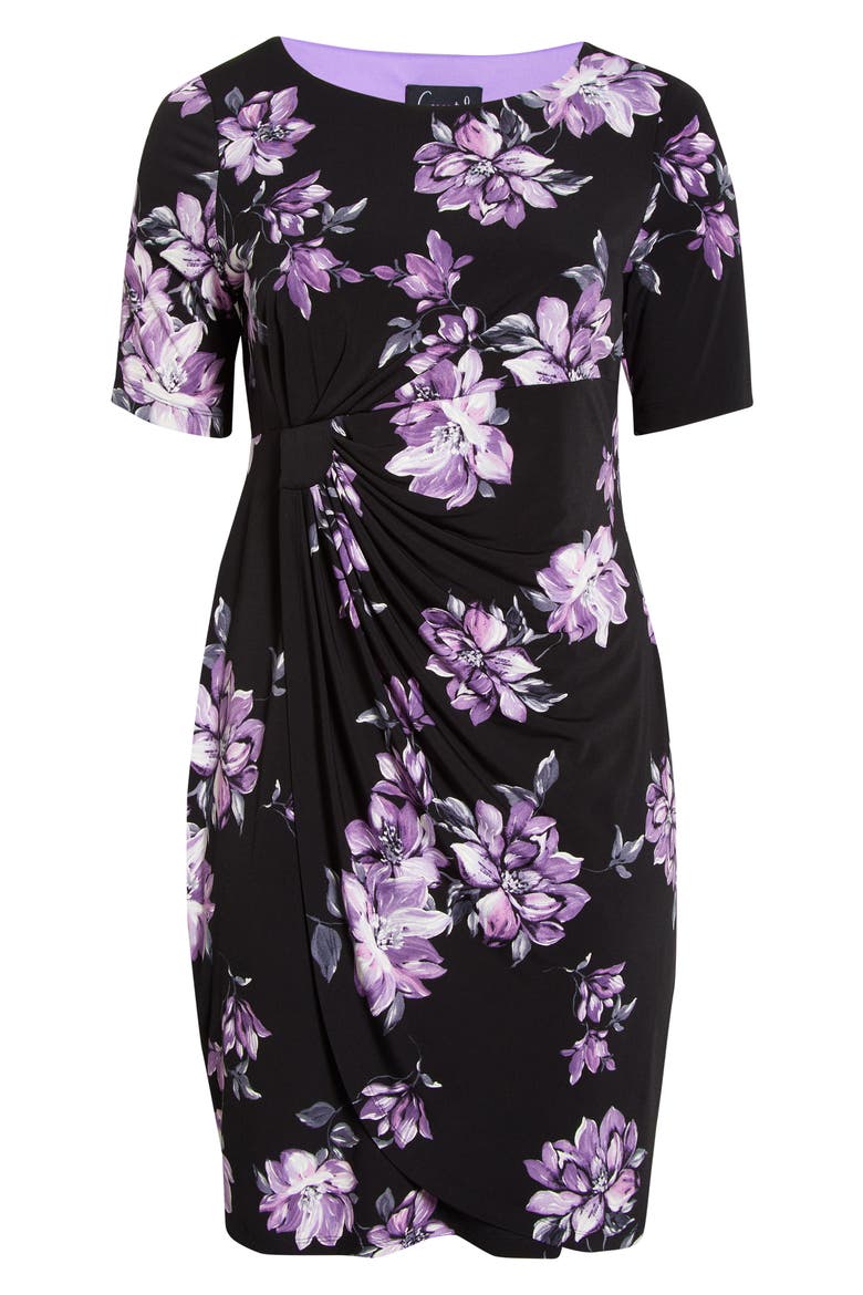 Floral Print Faux Wrap Dress, Alternate, color, BLACK