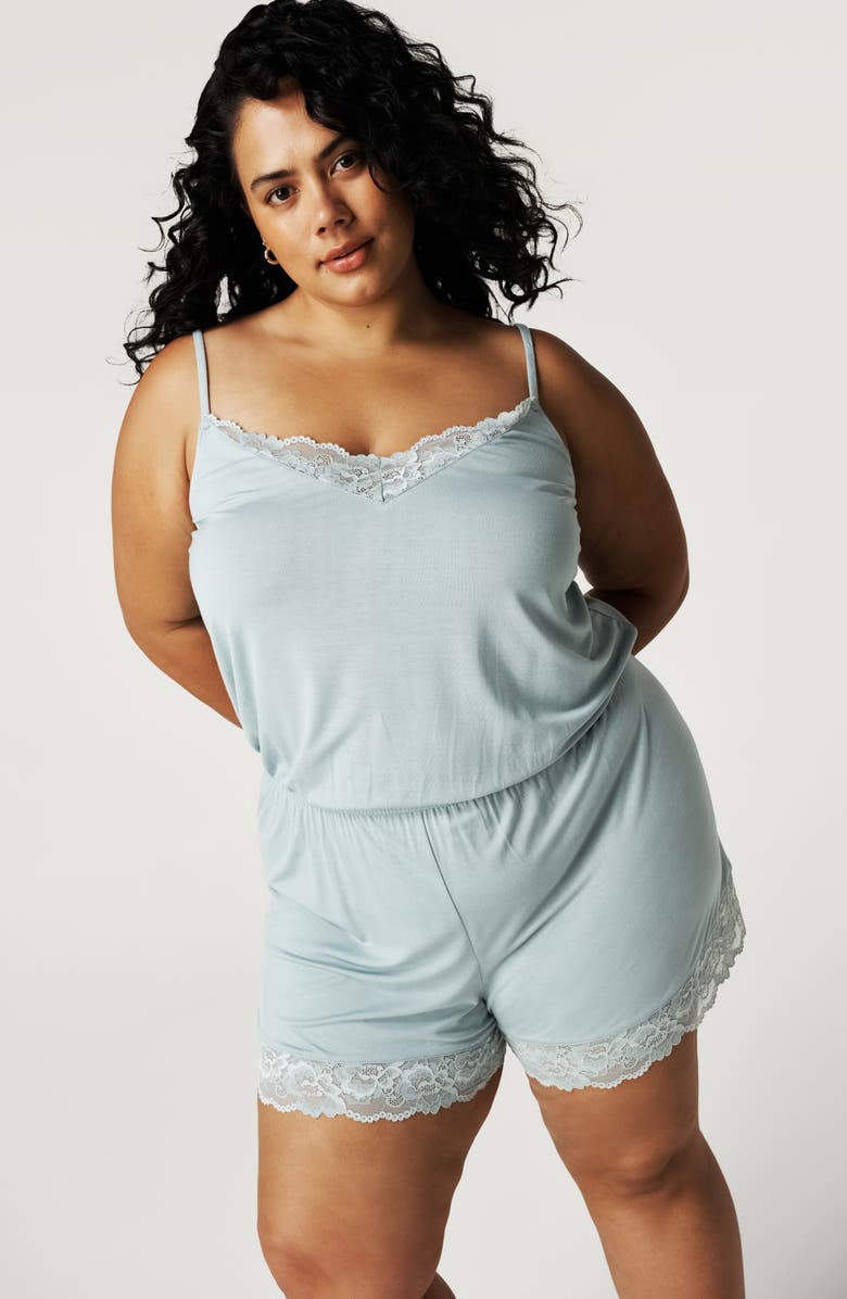 Posh Peanut Lace Trim Pajama Romper, Alternate, color, Shadow Green