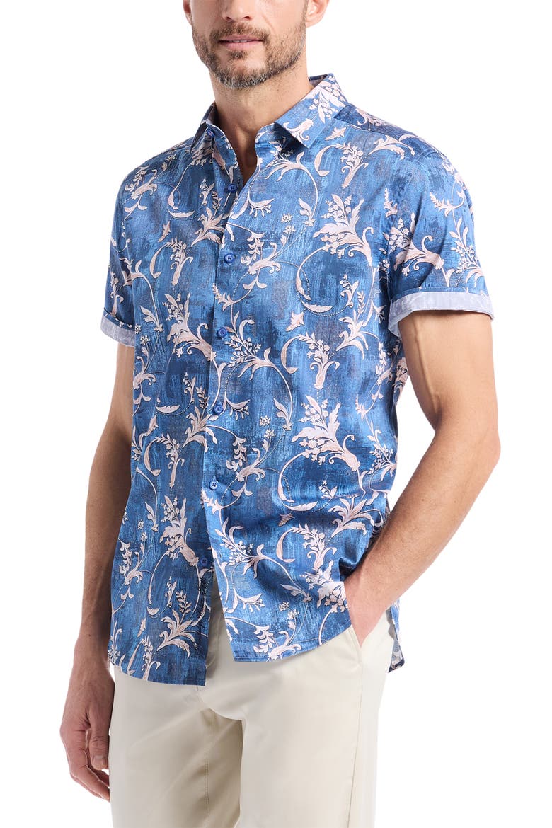 Junipero Short Sleeve Stretch Cotton Button-Up Shirt, Alternate, color, BLUE