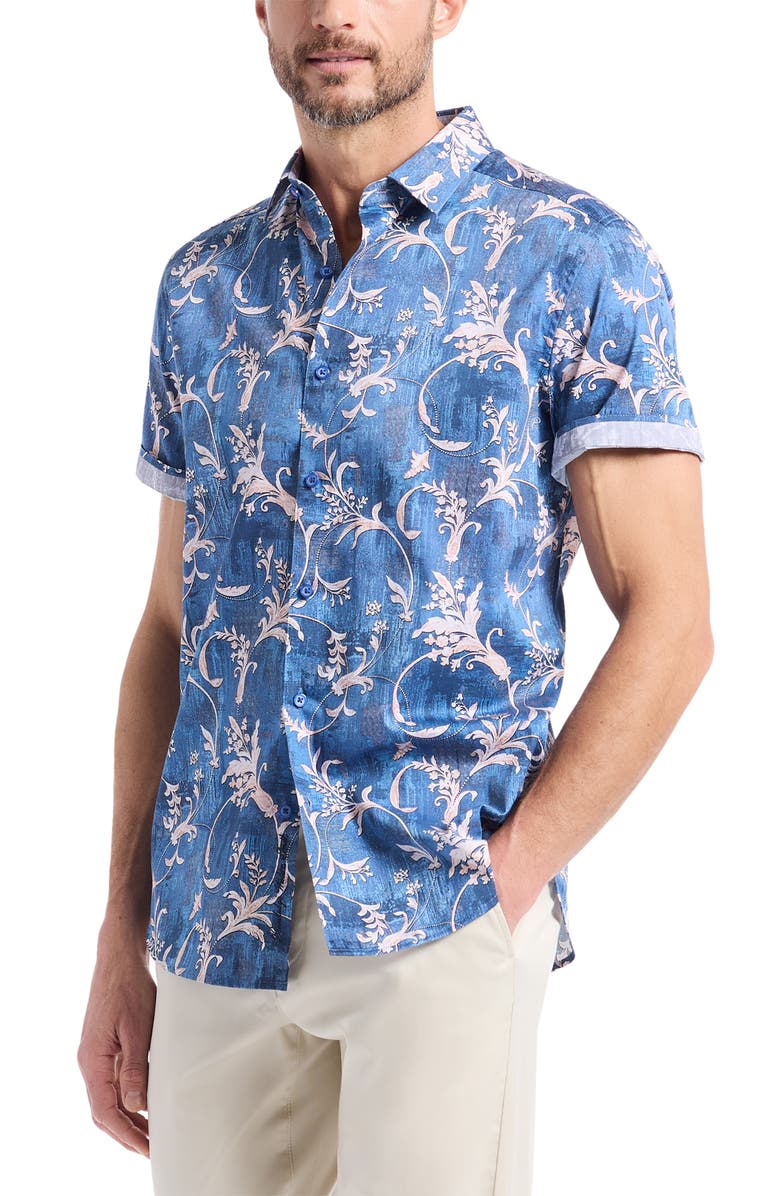 Robert Graham Junipero Short Sleeve Stretch Cotton Button-Up Shirt, Alternate, color, Blue