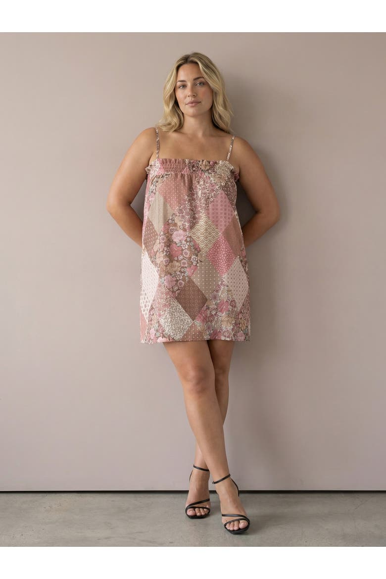 Curvy Essential Patchwork Print Spaghetti Strap Smocked A-Line Pocket Mini Dress, Alternate, color, Pink Multi