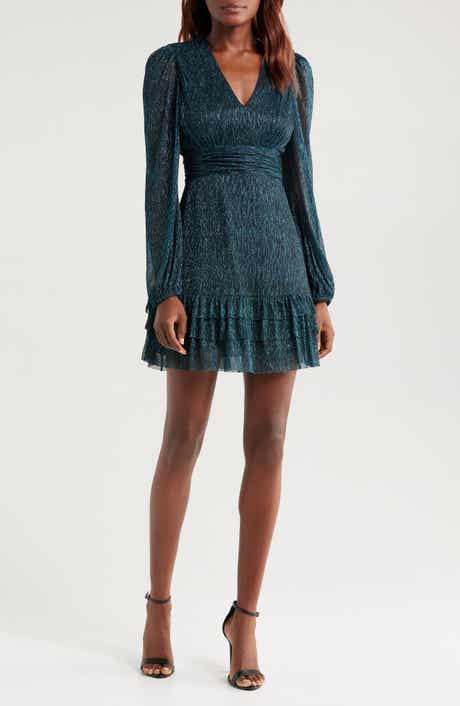 Mila Mae Metallic Long Sleeve Open Back Minidress