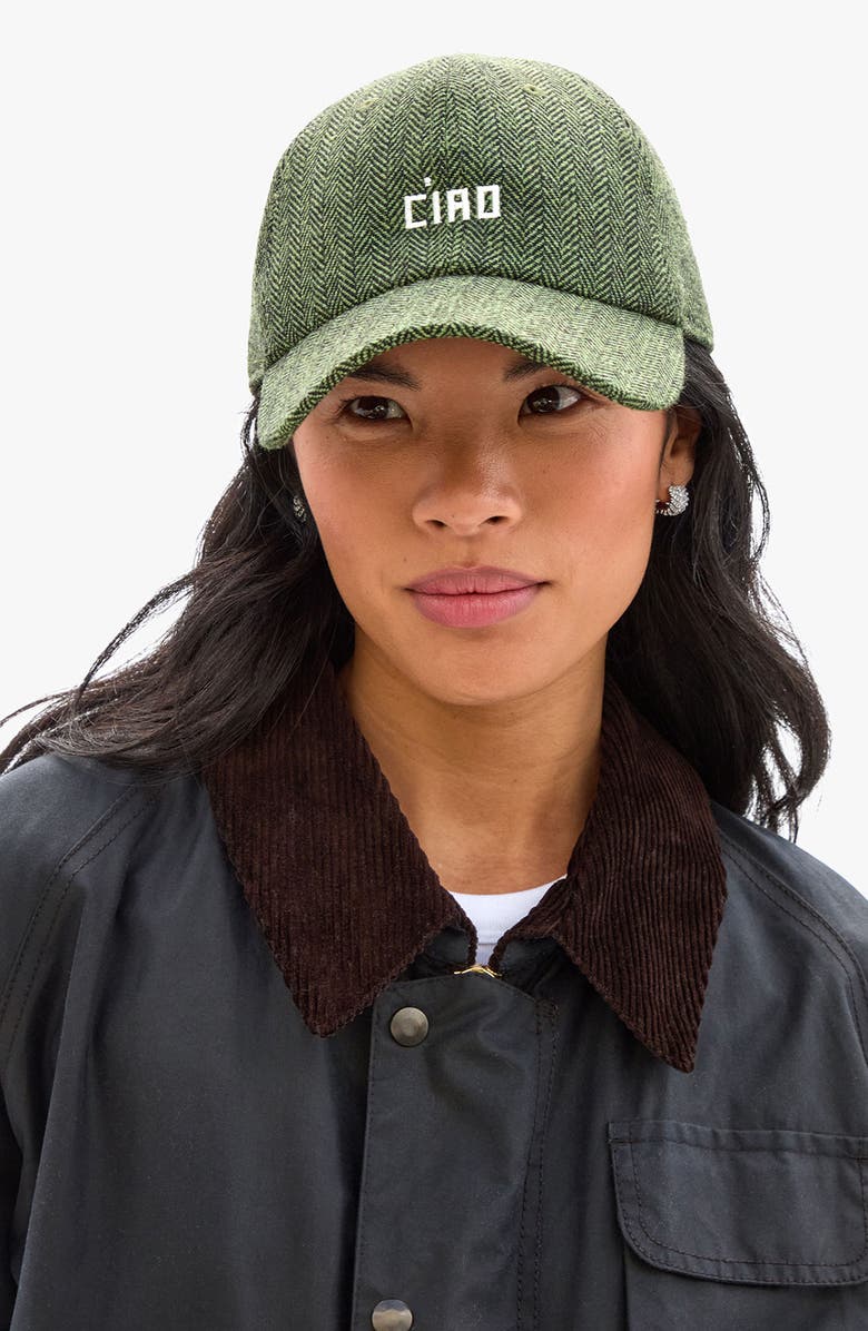 Clare V. Wool Herringbone Adjustable Baseball Cap, Main, color, Green & Black W Petit Ciao