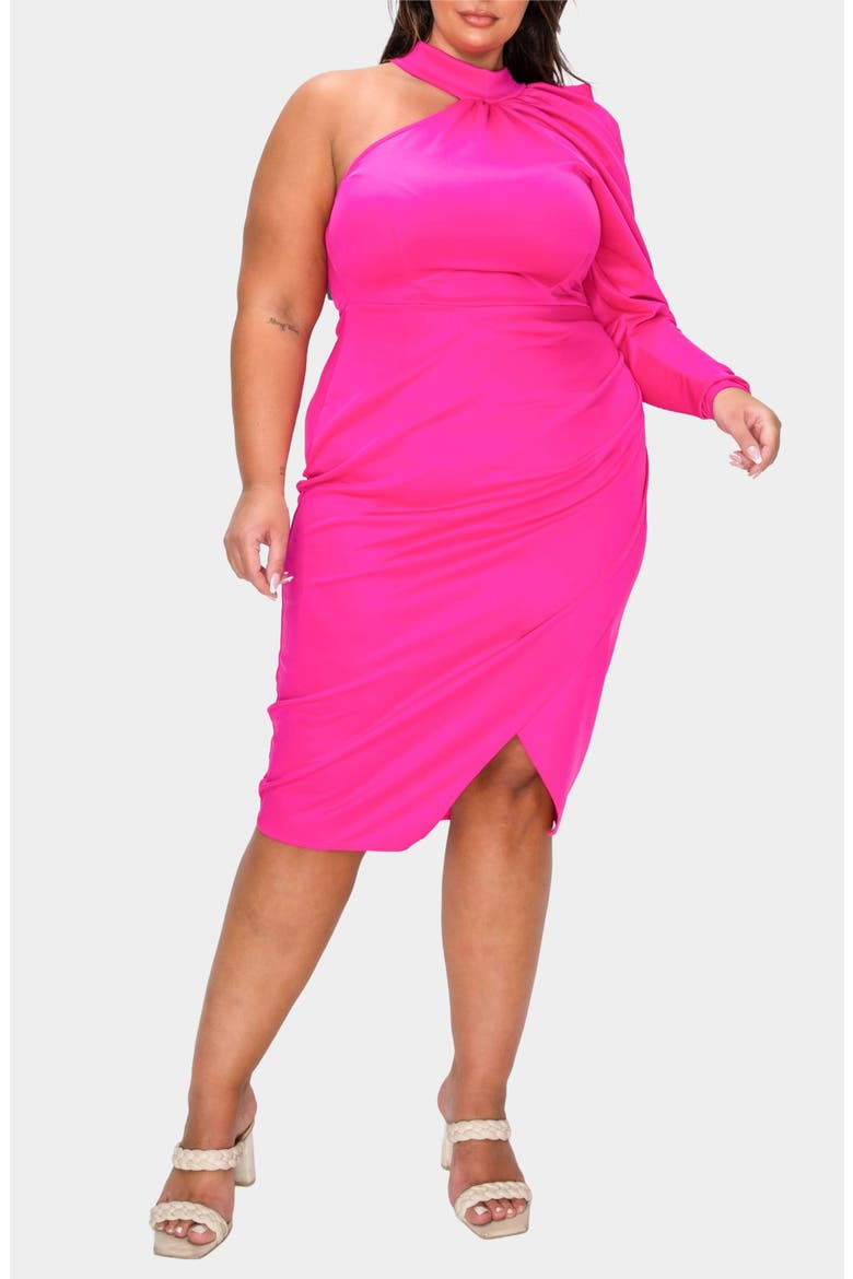 Gigi One-Shoulder Long Sleeve Midi Dress, Alternate, color, NEON PINK