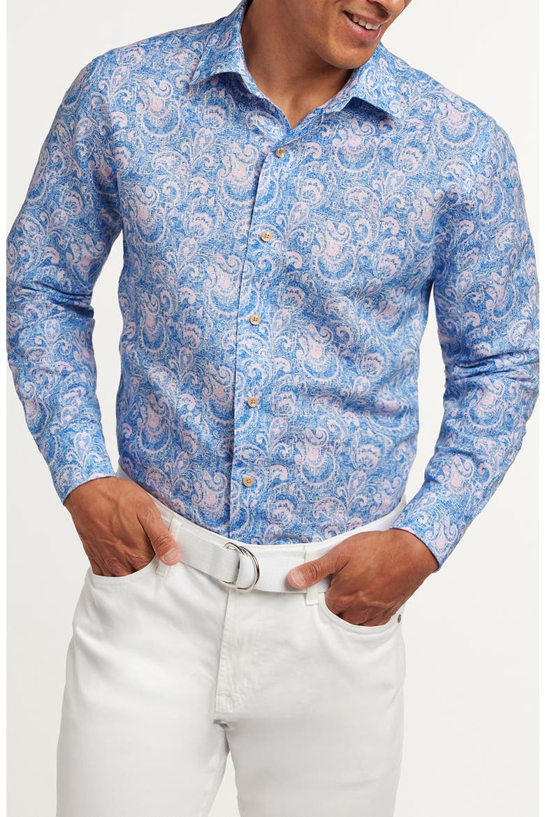 Paisley Long Sleeve Linen & Pima Cotton Button-Up Shirt, Main, color, NAVY/ PINK
