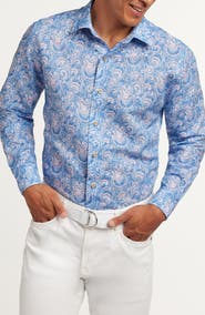 David Donahue Paisley Long Sleeve Linen & Pima Cotton Button-Up Shirt