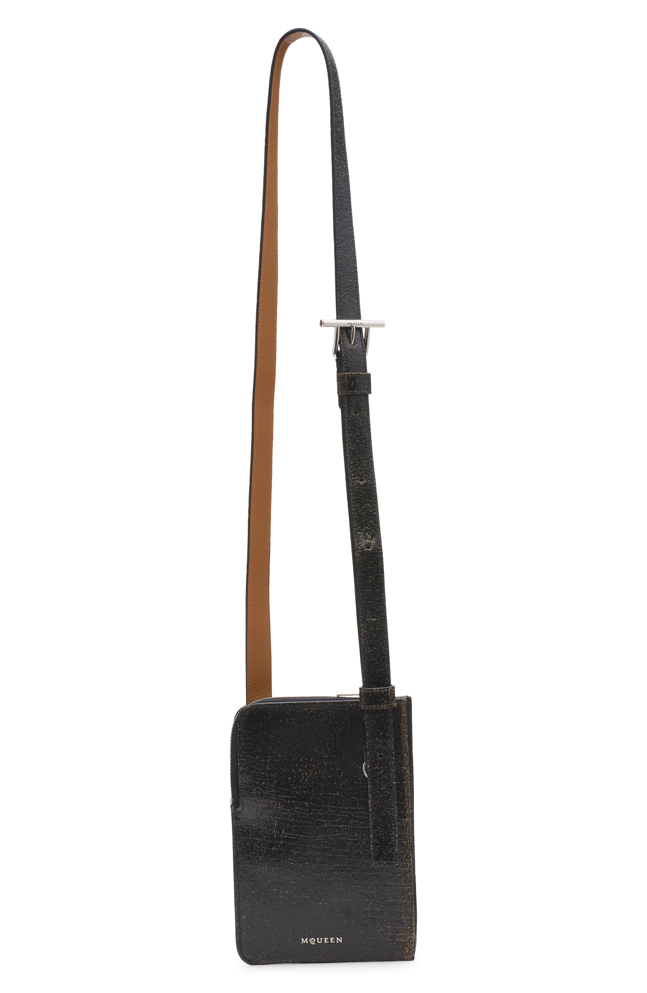 McQueen T-Bar Sling Crackle Leather Phone Holder, Alternate, color, 