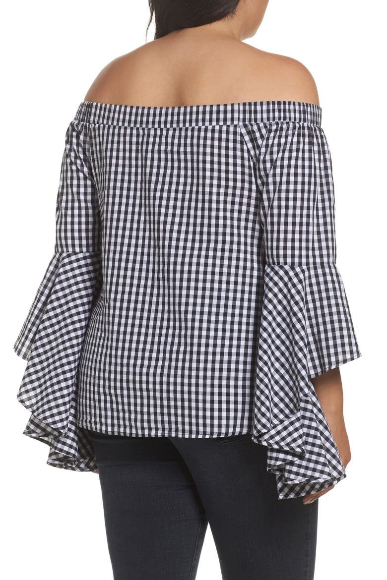 Bell Sleeve Off the Shoulder Shirt, Alternate, color, BLACK / WHITE