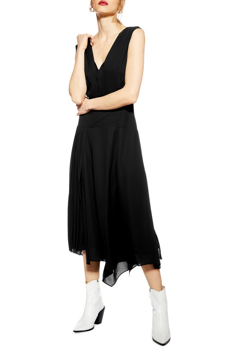 Pleated Pinafore Midi Dress, Main, color, BLACK