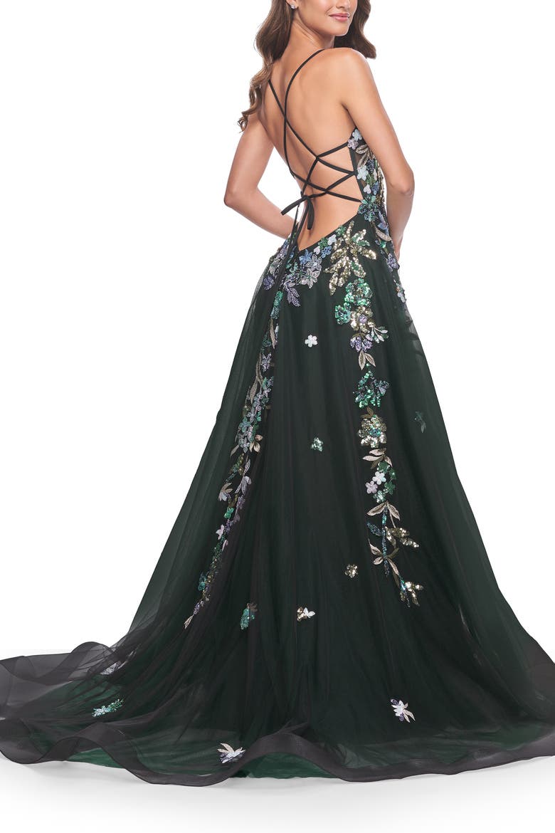 Gorgeous Sequin Floral Lace Applique A-Line Tulle Prom Dress, Alternate, color, Black