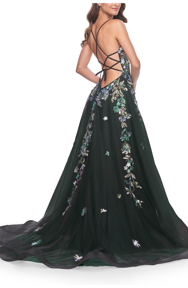 La Femme Gorgeous Sequin Floral Lace Applique A-Line Tulle Prom Dress, Alternate, color, Black