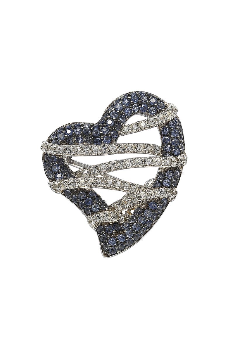 Wrapped Heart Sterling Silver White Sapphire Blue Sapphire Brown Diamond Brooch, Main, color, BLUE