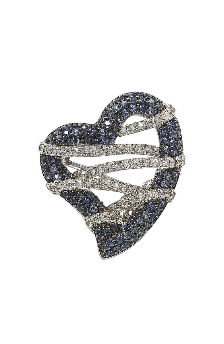 SUZY LEVIAN Wrapped Heart Sterling Silver White Sapphire Blue Sapphire Brown Diamond Brooch, Main, color, Blue