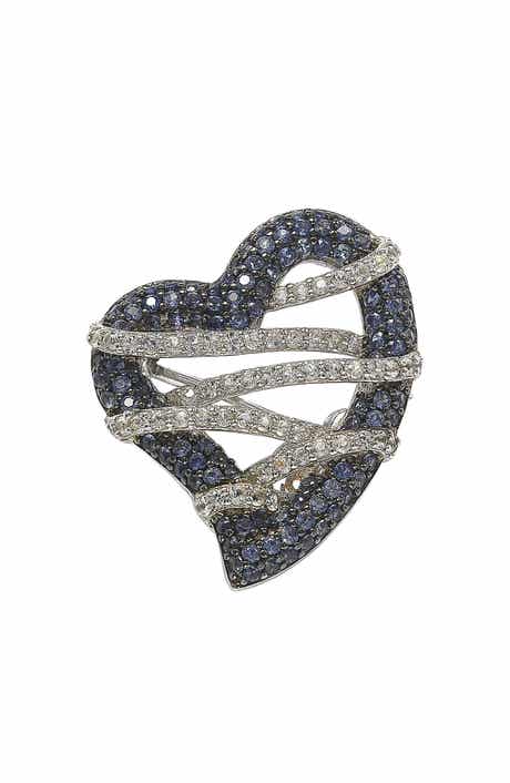 SUZY LEVIAN Wrapped Heart Sterling Silver White Sapphire Blue Sapphire Brown Diamond Brooch