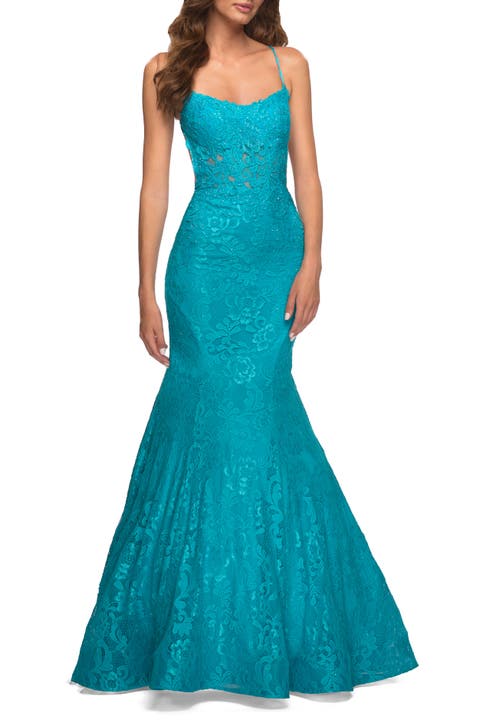 Bright Mermaid Lace Gown with Sheer Bodice and Open Back