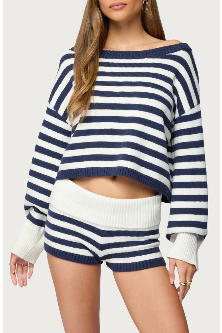 Striped Oversize Crop Sweater, Main, color, NAVY-AND-WHITE