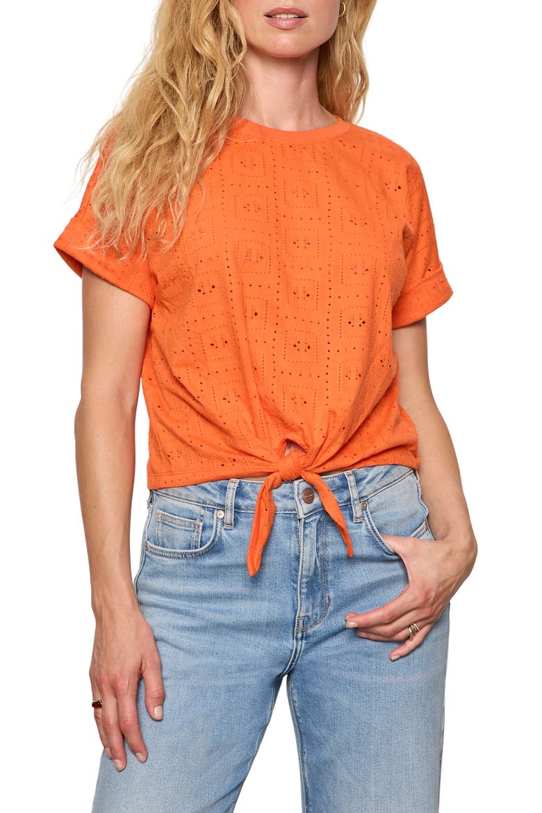 All Day Eyelet Tie Hem T-Shirt, Main, color, HIBISCUS ORANGE