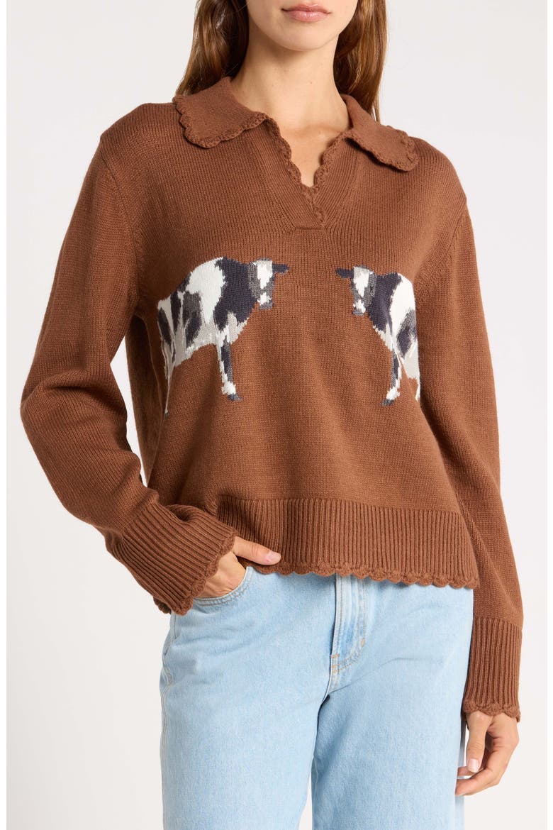 Countryside Cow Split Neck Sweater, Main, color, BROWN