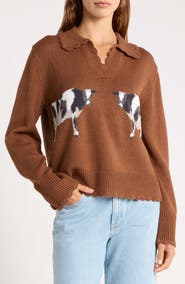FARM Rio Countryside Cow Split Neck Sweater