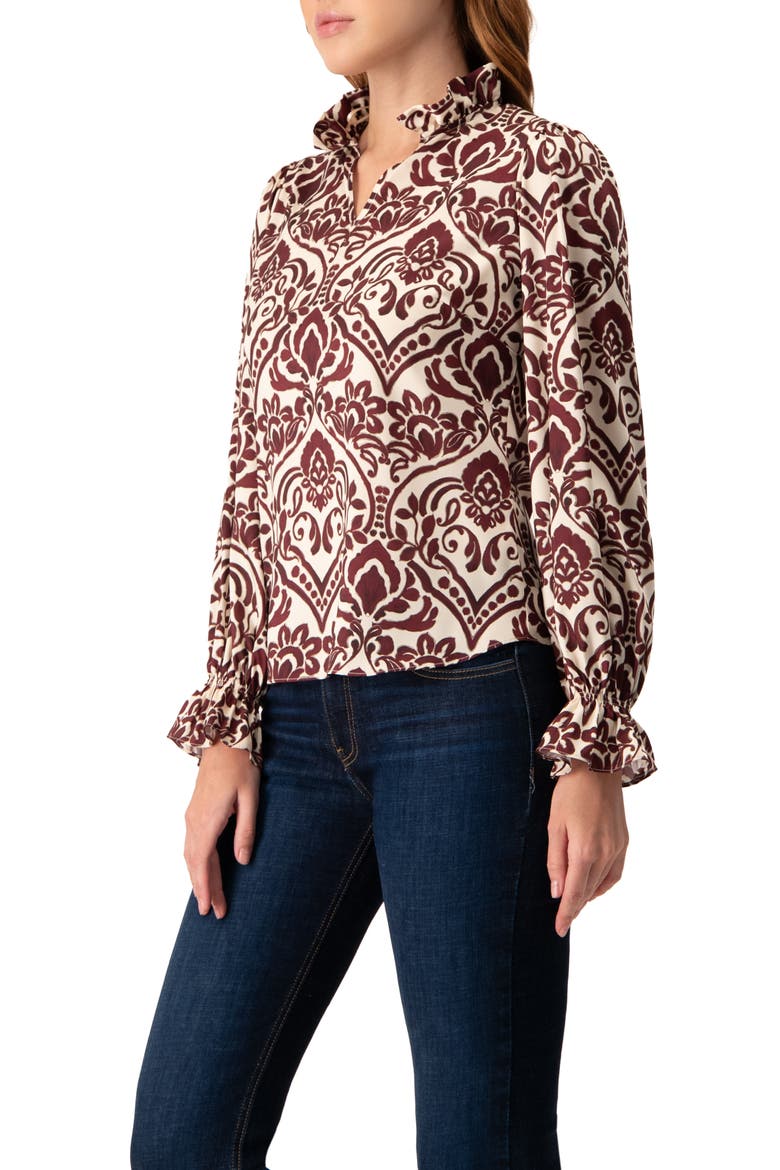 Ruffled V-Neck Abstract Blouse, Alternate, color, Wine