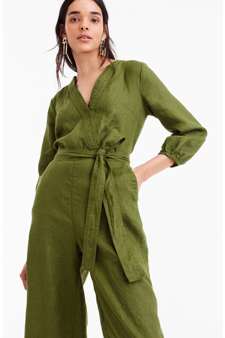 Point Sur Faux Wrap Linen Jumpsuit, Alternate, color, DARK SEAWEED