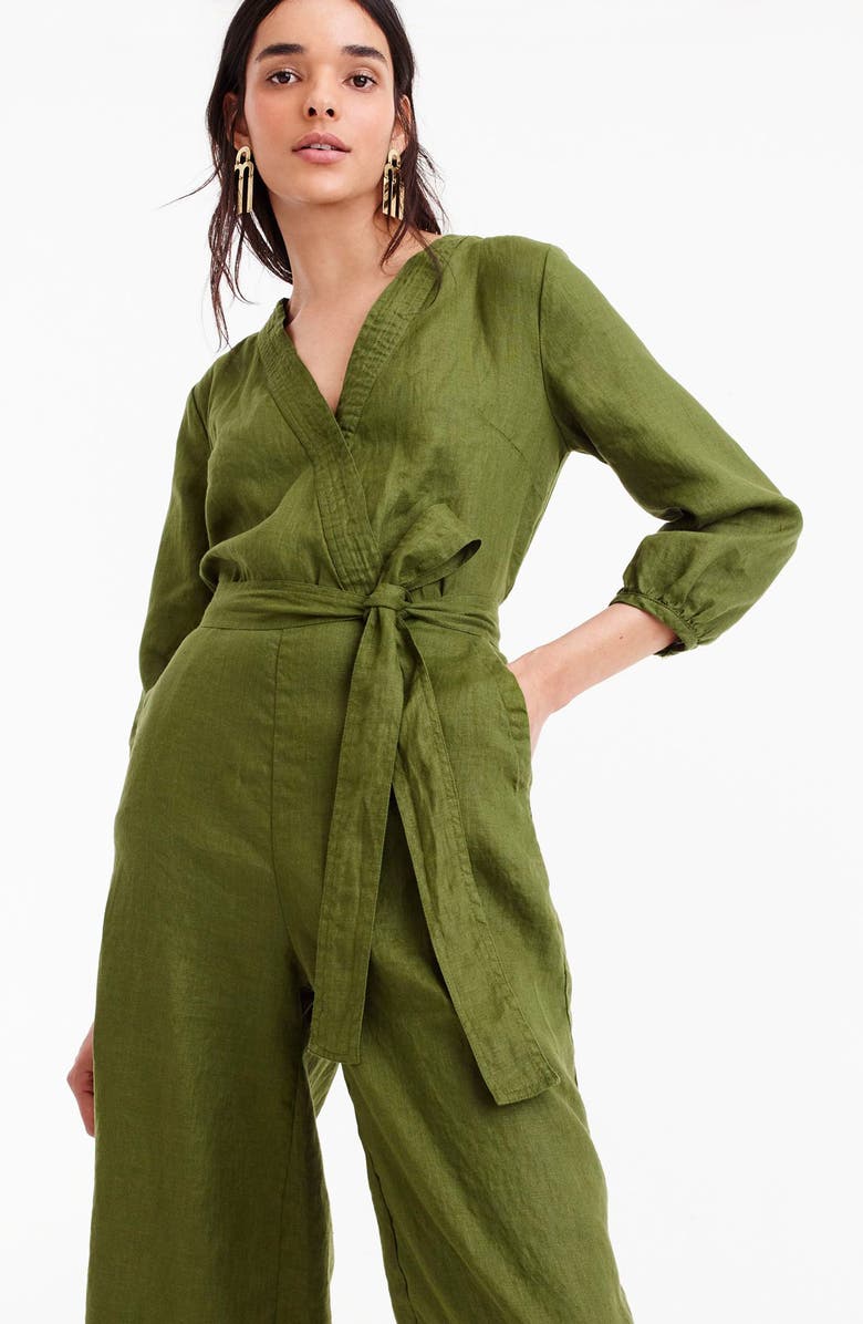 J.Crew Point Sur Faux Wrap Linen Jumpsuit, Alternate, color, 