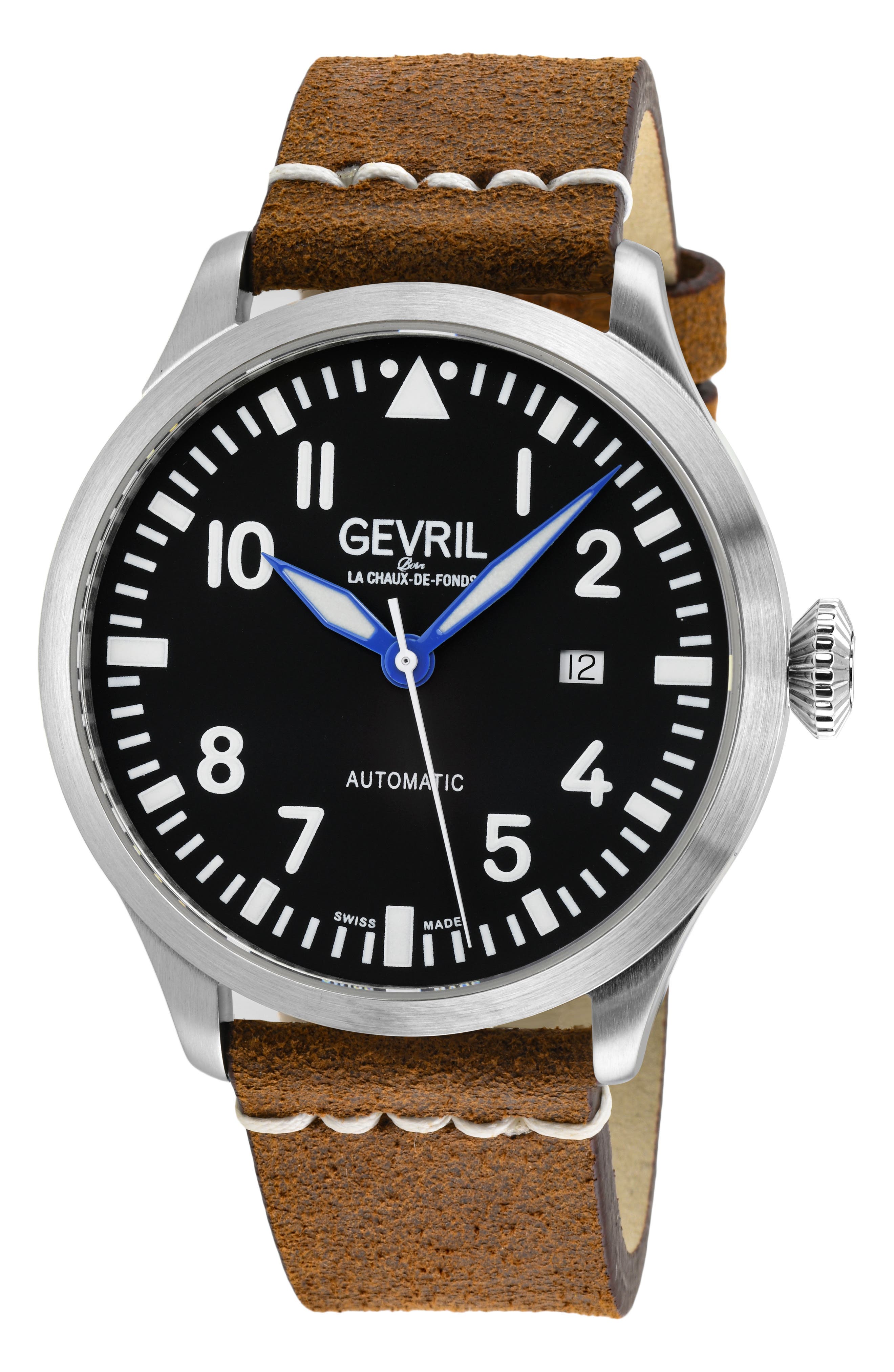 GEVRIL Vaughn Swiss Automatic Leather Strap Watch, 44mm