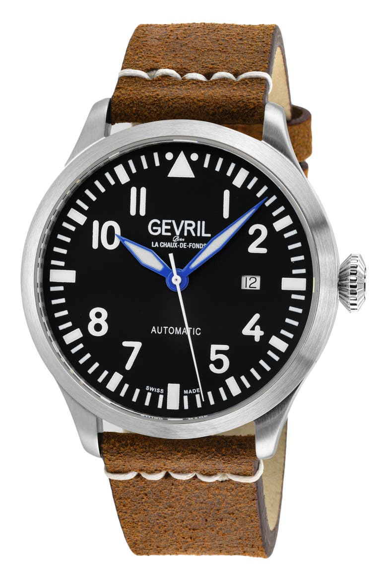 Vaughn Swiss Automatic Leather Strap Watch, 44mm, Main, color, BROWN
