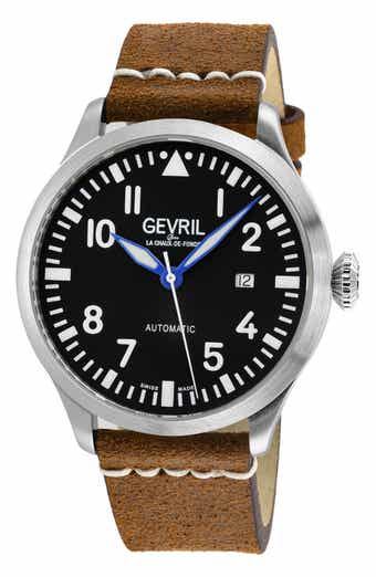 GEVRIL Vaughn Swiss Automatic Leather Strap Watch, 44mm