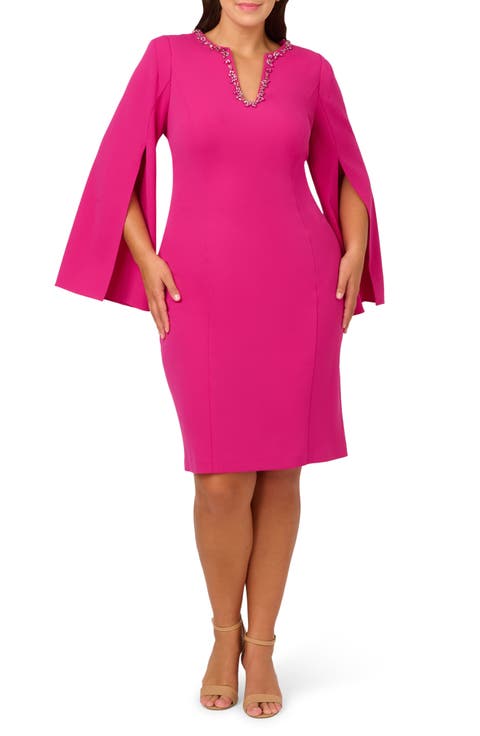Jewel Cape Sleeve Crepe Sheath Dress (Plus)