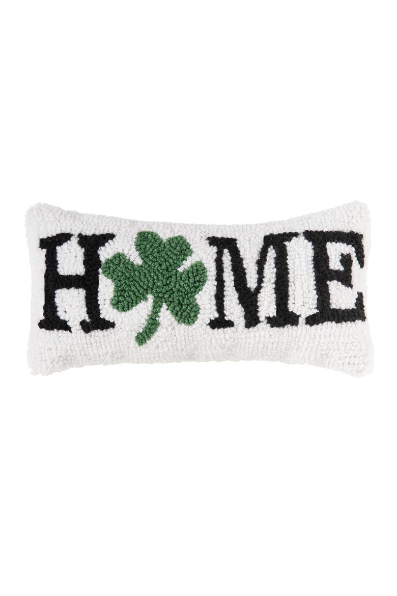 3 Leaf Clover "HOME" Shamrock Hooked Mini Accent Pillow 6" x 12", Main, color, White