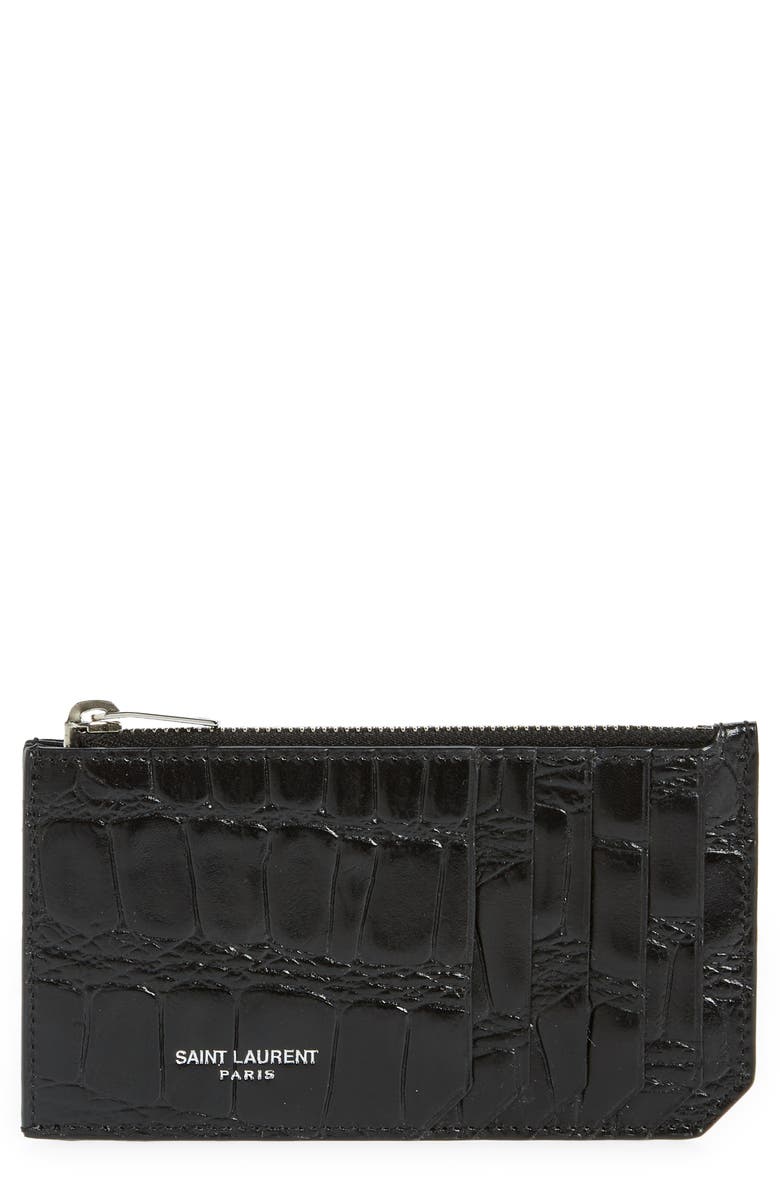 Saint Laurent Fragments Croc Embossed Leather Zip Card Case, Main, color, 