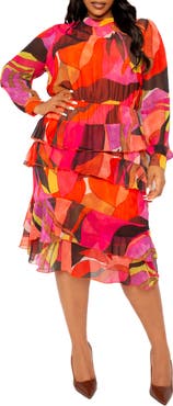 BUXOM COUTURE Long Sleeve Tiered Dress