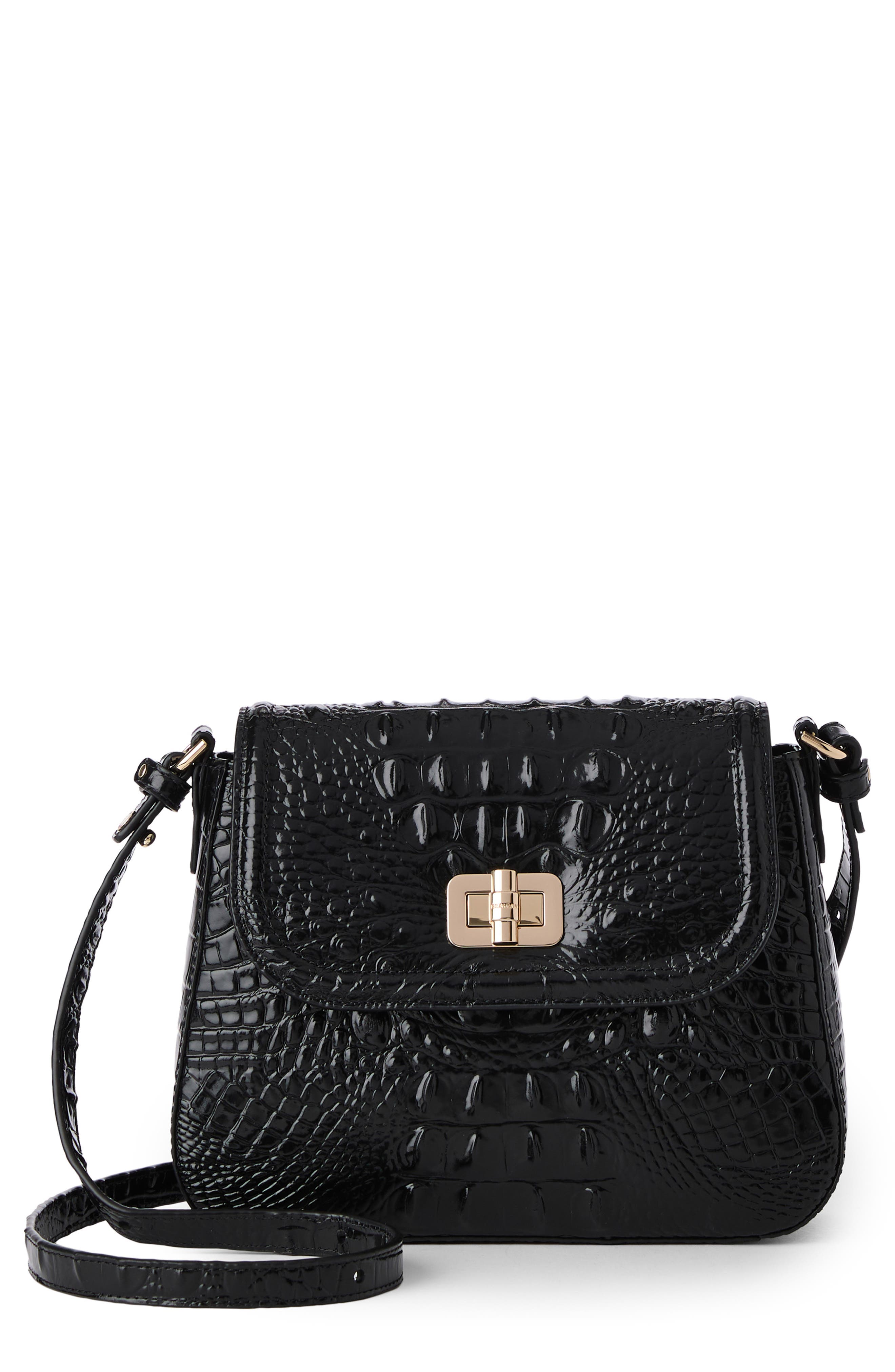 Brahmin Gianna Croc Embossed Leather Crossbody Bag, Main, color, Black