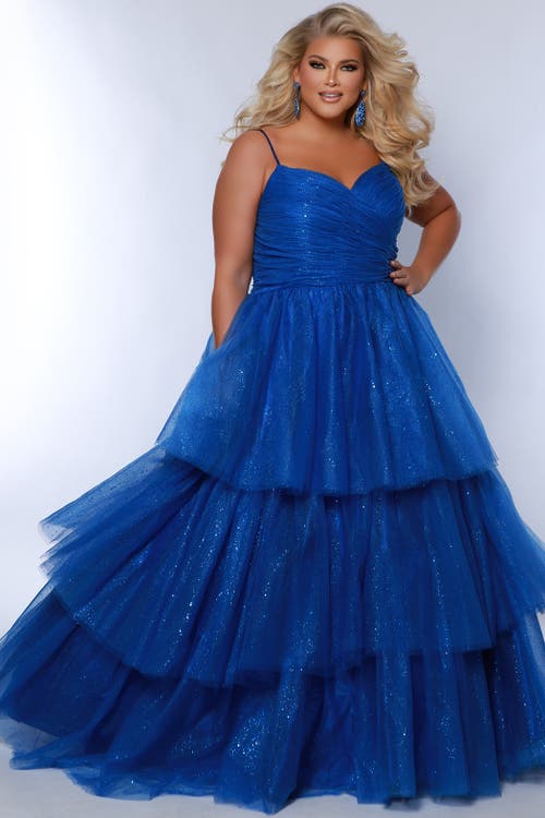 Sydney's Closet Spaghetti Strap Teired Plus Size Ballgown In Royal