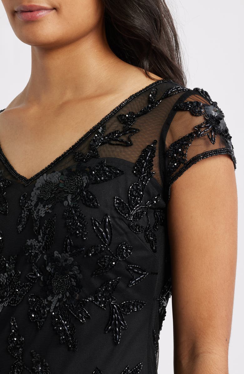 Pisarro Nights Embellished Illusion Sleeve Cocktail Dress, Alternate, color, Black